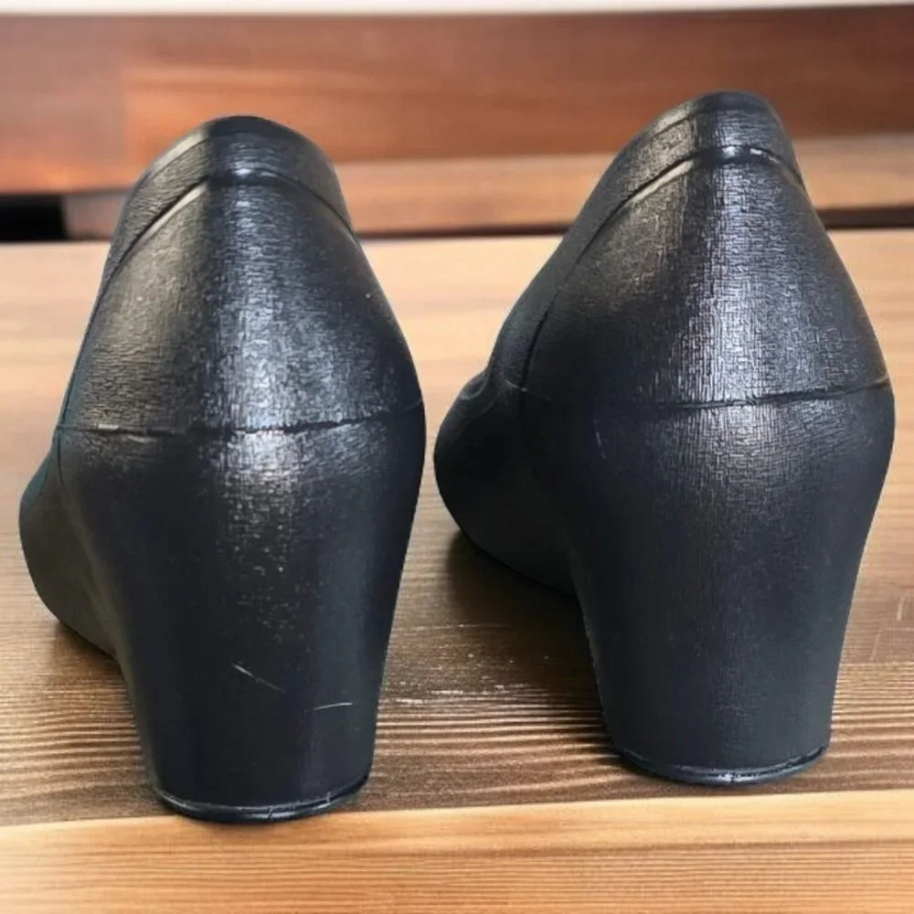 CROCS Black Wedge Pumps with Patent Toe Cap